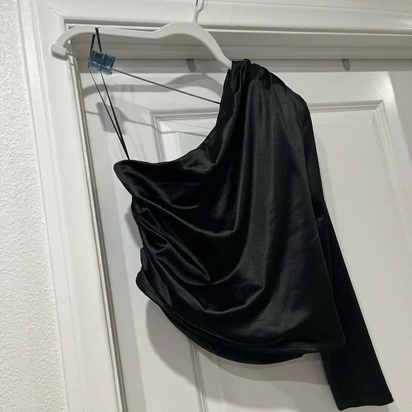 Express Black One-Shoulder Satin Blouse - Picture 3 of 8